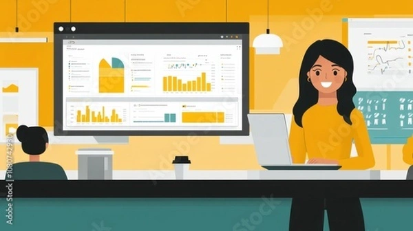 Fototapeta Professional woman working on laptop with business analytics dashboard displayed behind, showcasing data analysis and teamwork in a modern office environment