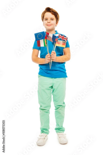 Fototapeta Whole-length picture of boy with different flags