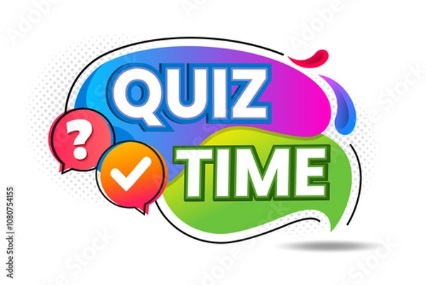 Fototapeta Quiz time speech bubble text. Hi There on bright color for Sticker, Banner and Poster. Quiz time message icon. Quiz time label with question mark. Quiz emblem for business, marketing and advertising