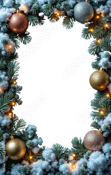 Obraz Festive Christmas frame with pine branches, golden ornaments, snowflakes, and warm lights. Perfect for holiday-themed designs or greeting cards, on a transparent background.

