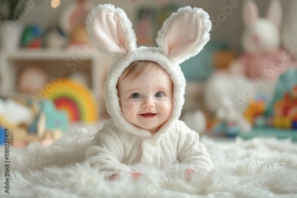 Fototapeta Adorable baby dressed as a white rabbit for a cosplay photoshoot, complete with fluffy ears and a soft costume