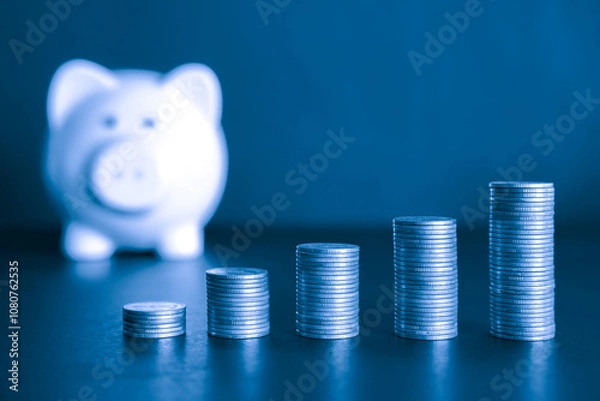 Obraz Stacks of Coins Representing Wealth and Financial Growth and white piggy bank in the background with blue color filter. Saving money and financial concept. 