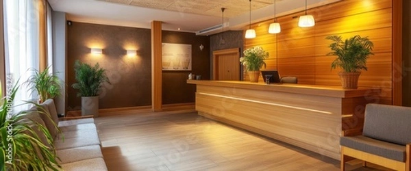Fototapeta Modern Hotel Lobby with Wooden Reception Desk and Seating