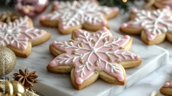 Fototapeta Festive Snowflake Cookies Decorated with Pink Icing for the Holidays