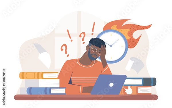 Fototapeta Man studying before exam. Guy with books sits near burning clock. Emotional burnout and depression. Student preparing for test or examination. Flat vector illustration isolated on white background