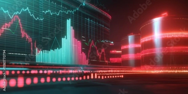 Fototapeta energy stock gas. A vibrant, digital representation of fluctuating financial data, showcasing graphs, charts, and light patterns in blue and red hues against a dark background.