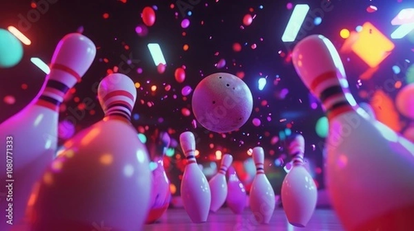 Obraz A bowling ball hangs in the air above a lane full of pins, glowing with neon light.
