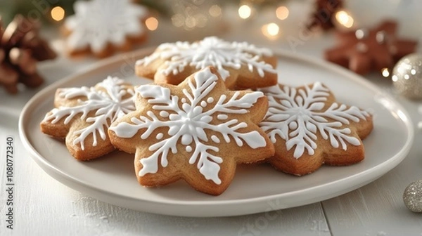 Fototapeta Delicious Snowflake Cookies on a Festive Plate