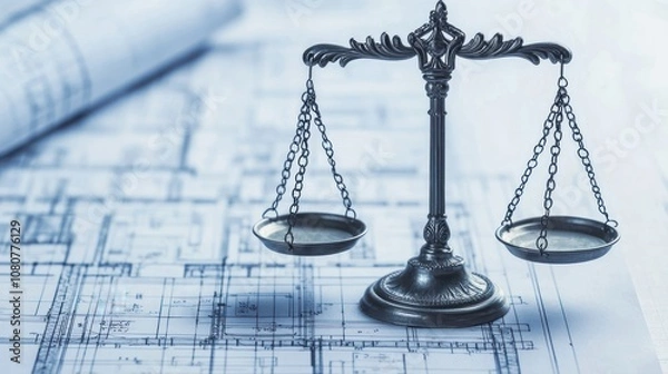 Fototapeta A detailed image of a legal scale positioned over architectural blueprints, symbolizing justice and the intersection of law and design.