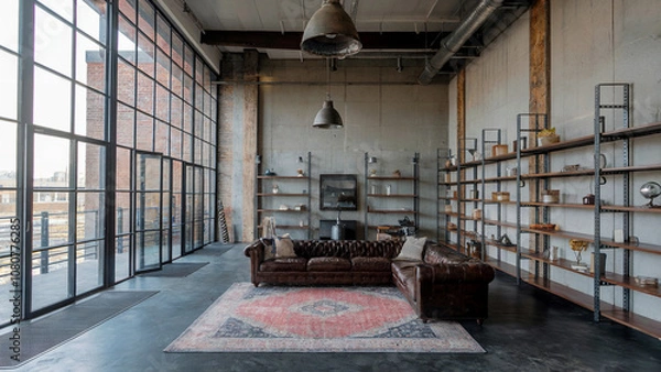 Fototapeta Spacious Industrial Loft with Leather Sofa, Open Shelving, and Large Windows