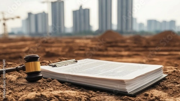 Fototapeta A legal gavel rests on construction site paperwork, with modern buildings under construction in the background.