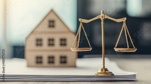 Fototapeta A golden scale balances in front of a miniature house, symbolizing justice in real estate and the law.