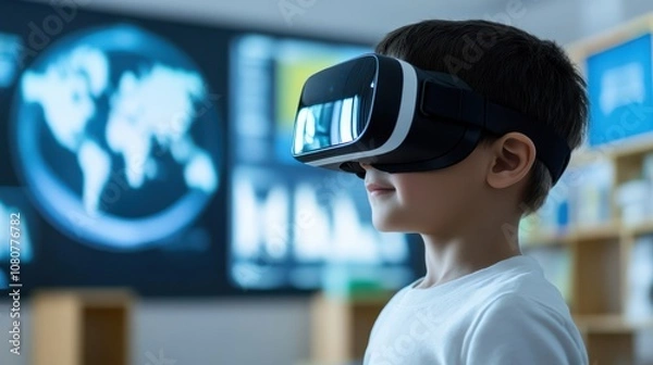 Fototapeta A boy in a white shirt experiences virtual reality with VR goggles, immersed in a digital world against a futuristic backdrop.