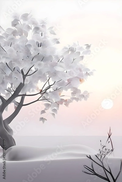Fototapeta Abstract minimalist spring scene with a single, sharp silhouette of a blooming tree on a vast light grey canvas, with subtle color gradients hinting at spring freshness
