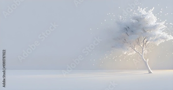 Fototapeta Abstract minimalist spring scene with a single, sharp silhouette of a blooming tree on a vast light grey canvas, with subtle color gradients hinting at spring freshness