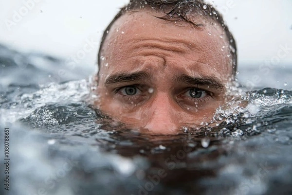 Obraz A man's face is partially submerged in cold, splashing water, portraying a mix of focus and vulnerability within the chilling aquatic environment.