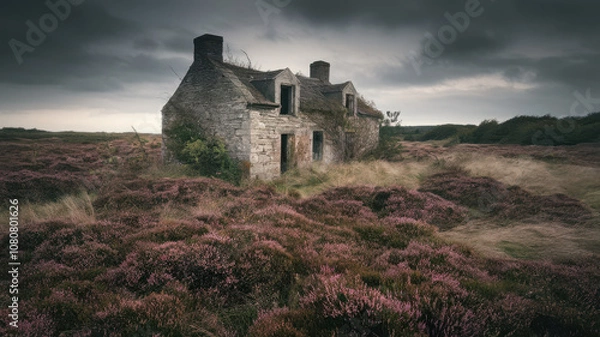 Fototapeta An abandoned stone cottage surrounded by vibrant purple heather fields under a moody sky.