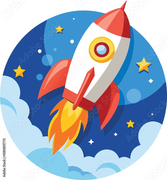 Fototapeta A futuristic vector logo featuring a rocket ship blasting off into space