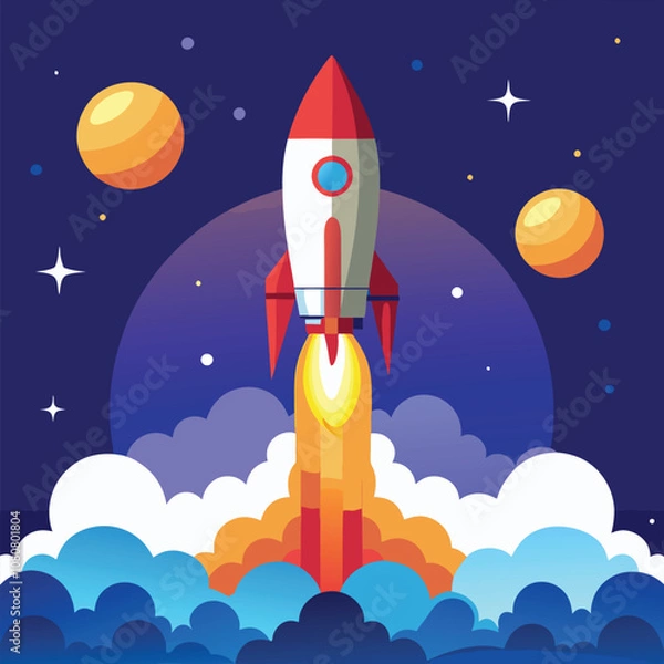 Fototapeta A futuristic vector logo featuring a rocket ship blasting off into space