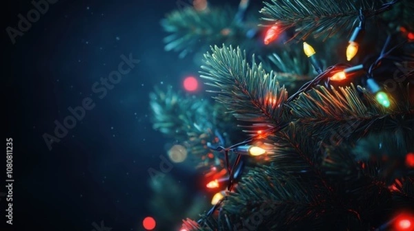 Fototapeta Close-up View of Christmas Tree Branch with Colorful Lights Twinkling in a Dark Winter Night Setting, Creating a Cozy Holiday Atmosphere