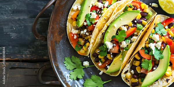 Fototapeta Hearty grilled veggie tacos with black beans, avocado, and queso fresco for a fresh and flavorful taste