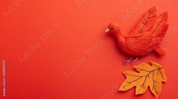 Obraz Thanksgiving background with a cute felt turkey on red-orange colored paper,