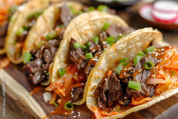 Fototapeta Korean Tacos with bulgogi beef, kimchi slaw, and gochujang sauce on corn tortillas