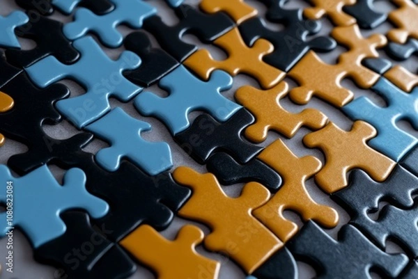 Obraz Retro illustration of puzzle pieces with 1970s colors and geometric shapes, creating a nostalgic look