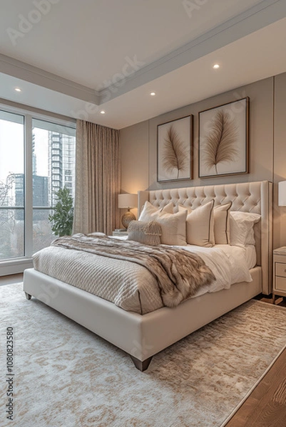 Fototapeta chambres à coucher, lit douillet, intérieur 3D réaliste, décoration, tendance, architecte, design, mode, chaleureux, confortable, naturel, cocooning, zen, douceur, blanc, beige, lin, épuré, fourrure