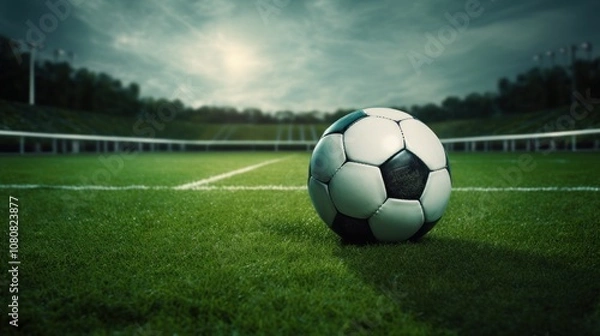 Fototapeta Classic soccer ball, typical black and white pattern, placed on the white marking line of the stadium turf. Traditional football ball on the green grass lawn with copy space
