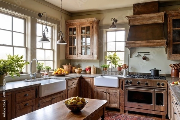 Fototapeta Charming Vintage Kitchen Decor with Rustic Cabinets and Sunlit Windows