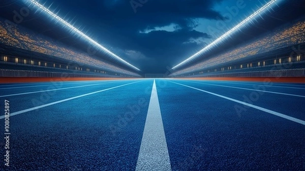 Fototapeta Empty Athletic Track Under Twilight Sky with Illuminated Stadium Lights and Dramatic Cloud Formation in a Sports Venue Setting