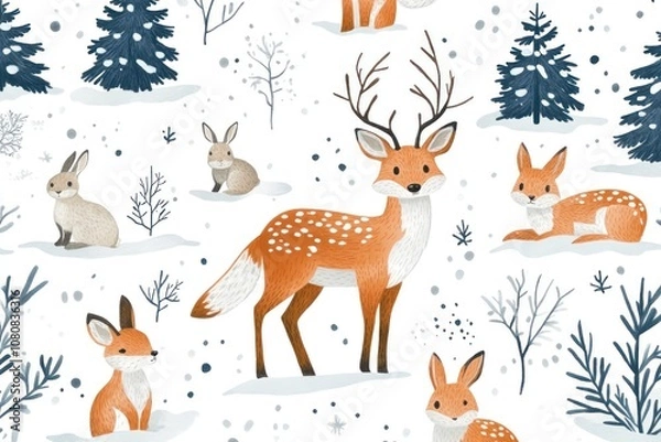 Obraz A Winter Wonderland with Deer, Bunnies, and Snowy Trees
