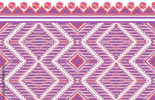 Fototapeta ikat Fabric sealess Tribal pattern geometric ethnic oriental traditional on pink and white background.Aztec style,embroidery,abstract,vector.design for texture,fabric,clothing,wrapping,carpet.