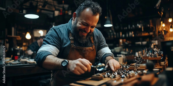 Fototapeta Craftsman working diligently in workshop, showcasing his skills with tools and materials. atmosphere is warm and inviting, reflecting passion and dedication to craftsmanship