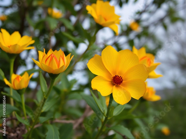 Obraz Bright yellow flowers blooming in a lush garden during the spring season, creating a vibrant natural landscape