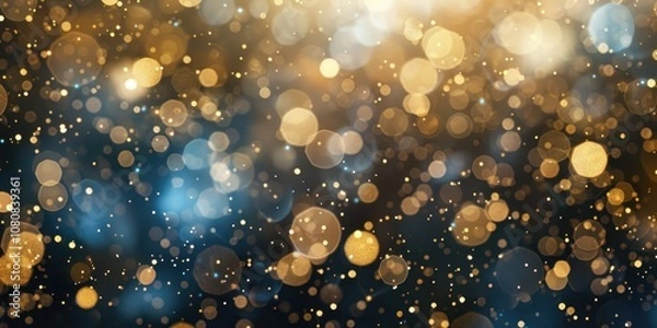 Fototapeta Abstract background of glitter vintage lights. De-focused banner blurred light element for cover decoration bokeh. Holiday concept with dark blue and gold particles. Christmas Golden shine particles