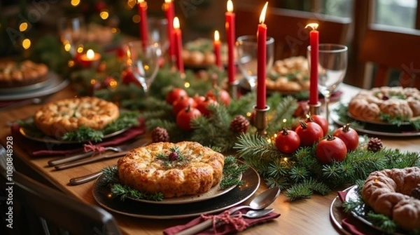 Obraz Beautifully Set Dining Table with Christmas-Themed Decorations.
