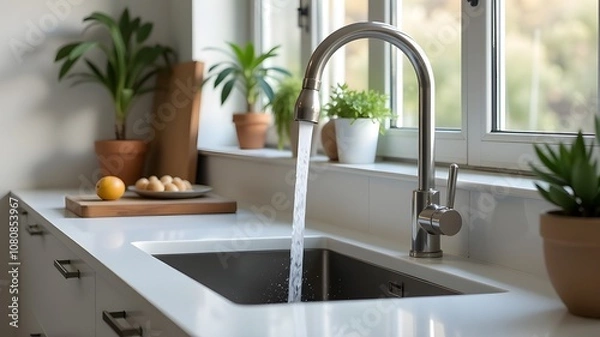 Fototapeta Close up shot of modern kitchen faucet with water running from tap, flow falling to empty dish sink at stylish home interior, selective focus, sustainable resources consumption concept. High quality