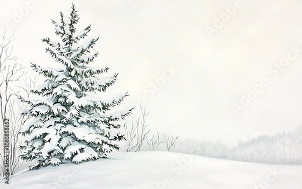 Fototapeta Snow-covered evergreen tree in a serene winter landscape at dawn, showcasing a tranquil atmosphere and soft light