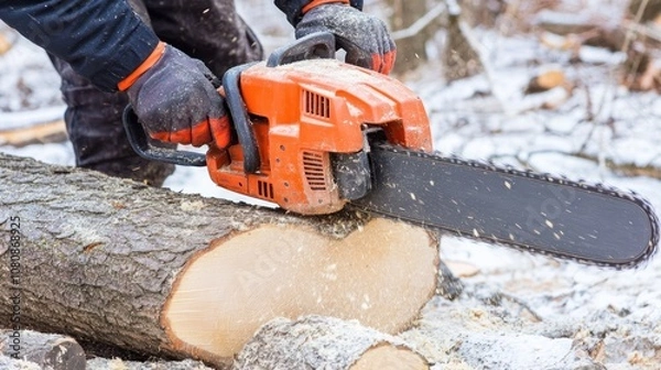 Obraz Man Cutting Log with Chainsaw in Winter
