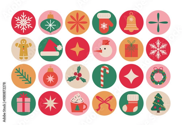 Fototapeta Set of merry Christmas flat style icons. New Year holidays icon big set. Snowflake, сhristmas tree, snowman, balls, gingerbread, wreath. Vector isolated
