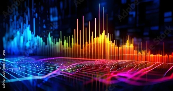 Obraz A dynamic graph with fluctuating data points in vibrant colors, symbolizing real-time AI data analysis