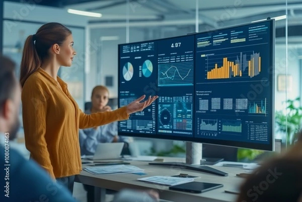 Fototapeta The presentation emphasized key business strategies for modern offices, featuring innovative collaboration techniques, indepth data analysis with charts, and encouraging active team engagement