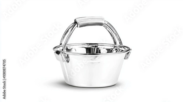 Fototapeta Stylish Silver Bowl with Handle on White Background, Ideal for Serving Snacks, Fruits, or Decorative Items in Modern Kitchen or Dining Spaces