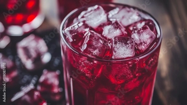 Fototapeta Close-up of a Refreshing Red Drink with Ice Cubes