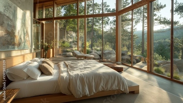 Fototapeta A serene bedroom with large glass windows, offering views of nature and abundant sunlight, blending comfort with modern design.