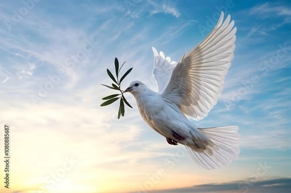 Obraz Dove of Peace in Flight: Symbol of Hope and Unity Against a Serene Sky
