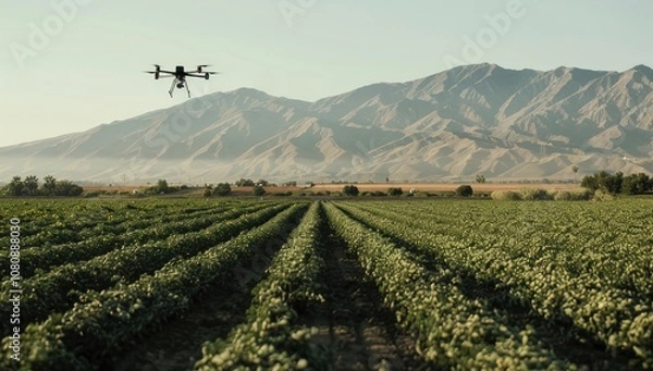 Obraz Three drones flying over a field of crops A black and grey drone hovers over a green crop field with red dirt. The aerial photo captures the drone in an agricultural area under a sunny sky.