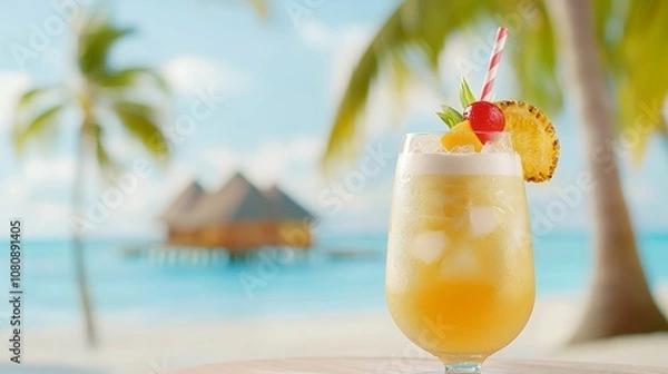 Fototapeta Christmas palm cocktails concept, A refreshing tropical drink with ice, garnished with a cherry and pineapple, set against a picturesque beach backdrop with palm trees.